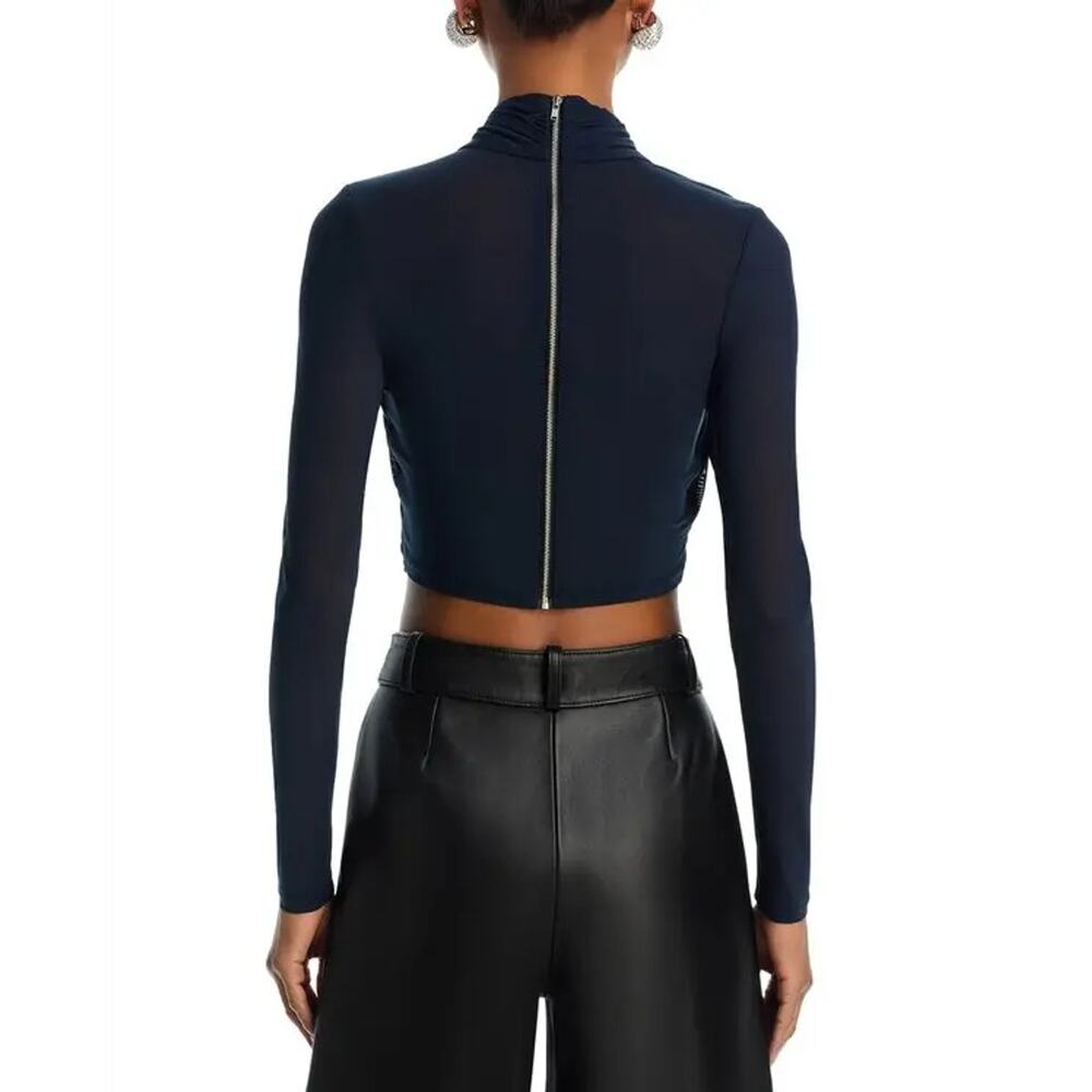 Bardot Women Navy Mesh Aliya Crossover Evening Wrap Long Sleeve Crop Top Size L - Picture 2 of 8